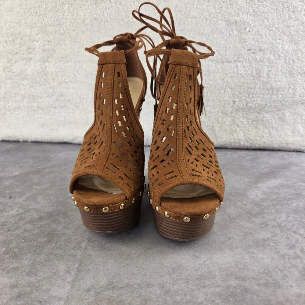 JustFab Brown Faux Suede Laser Cut Studded Tassel Lace Up Platform Wedges